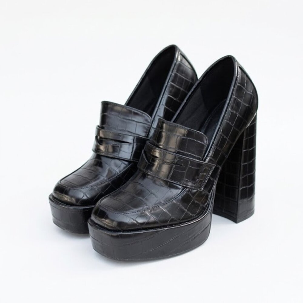 ASOS DESIGN Black Croc Platform Heeled Loafers Size 8